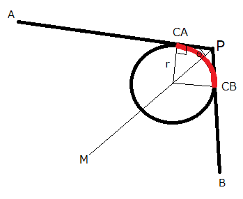 Javascript Canvasで 2直線に接する円弧を描画したい Teratail
